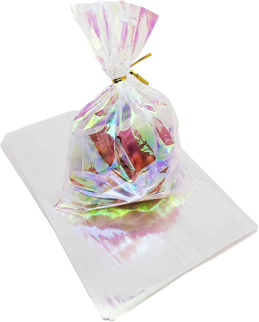 CC wonderland zone Iridescent Cellophane Treat Bags - 50 Pack Holographic Gift Cello Plastic Bags with Ties,for Candy Cookie Goodie Party Favors,6x9 inch