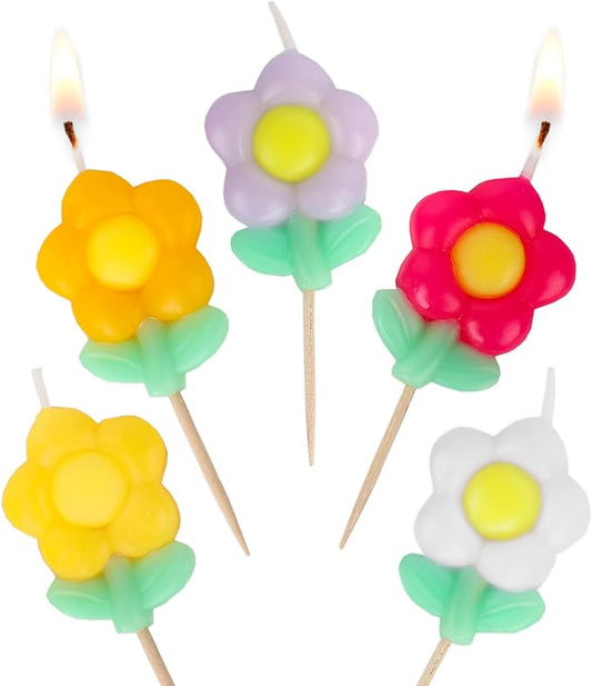 Talking Tables 5 x Daisy Flower Birthday Candles for Cakes Cake Topper Decoration Premium Quality colorful Floral Candle 1.5 Inches Height Recycled Packaging