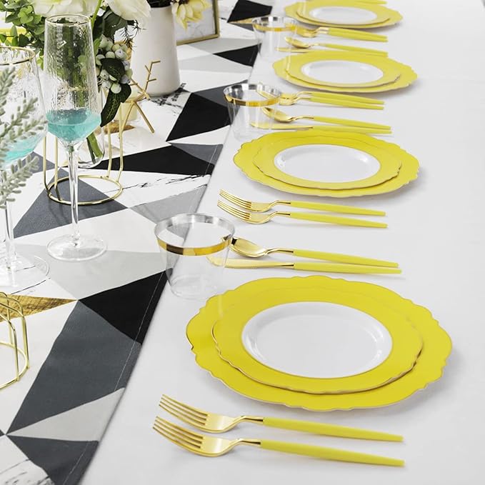 WDF 150pieces Yellow Disposable Dinnerware Hign-end Baroque Design - Sturdy&Durable Baroque Yellow Sunshine&Gold Plastic Dinnerware for Upscale Wedding/Birthday/Party