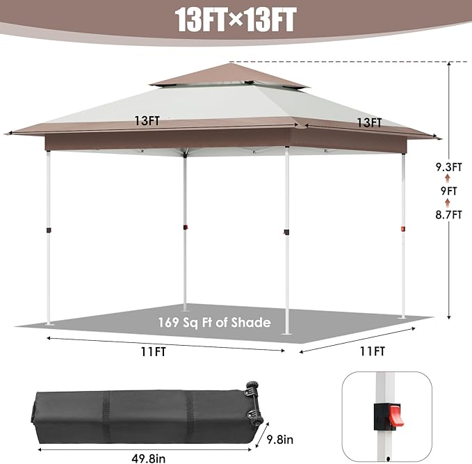 Arlopu Pop Up Canopy Tent with 1-Person Set up, Camping Instant Durable Shelter, Outdoor Gazebo Beach Shade with Wheeled Bag, 4 Sand Bags for Weight (Khaki, 13FTX13FT)