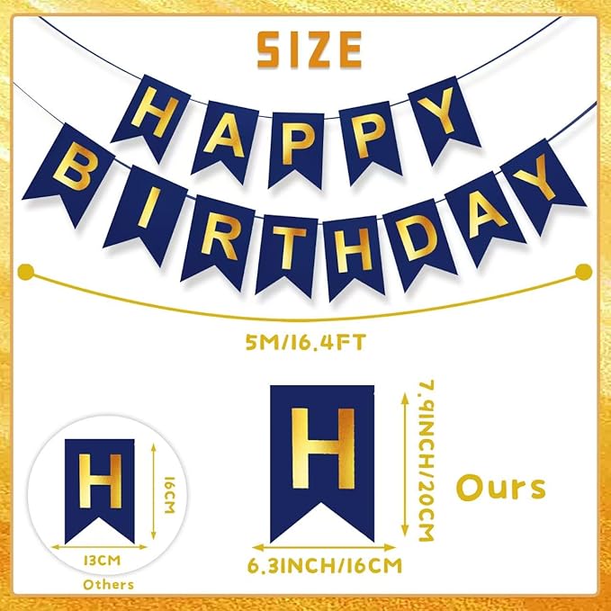 Blue Happy Birthday Banner,Navy Blue and Gold Party Decorations Sigh for Birthday Decor,Backdrop Birthday Party Supplies,No DIY for Girls Boys Kids and Women Party Hanging(Pre-Strung,16ft)