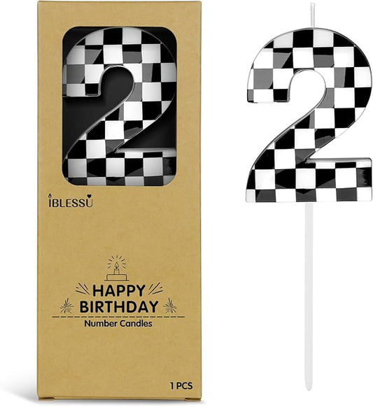 Number 2 Racing Cars Birthday Candles,2.68 Inch Black White Checkered Birthday Number Candles, Cool Racing Themed Number Candles for Boys and Girls, Kids Race Car Themed Party Decorations Supplies
