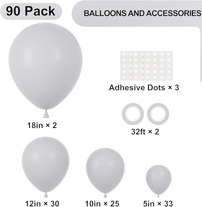 Voircoloria 90pack Gray Balloons Different Size 18/12/10/5 Inch Pastel Grey Balloon Garland Arch Kit for Graduation, Wedding, Birthday, Gender Reveal, Baby Shower, Bridal Shower Decorations
