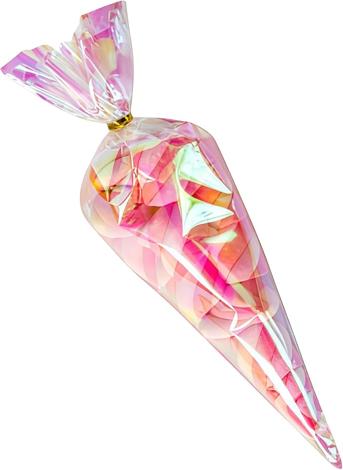FERENLI 50 Pcs 10x15.9 inch Cone Shaped Iridescent Holographic Cellophane Treat Bags with Twist Ties Plastic Goodie Bags for Candy Popcorn Snack Birthday Party Favors Packaging (Iridescent Clear)