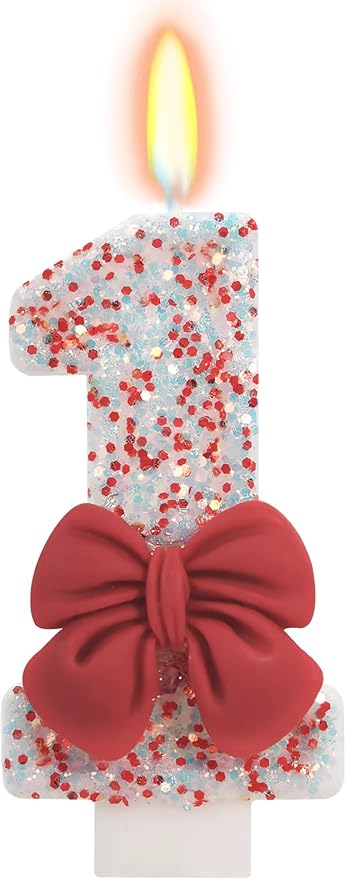 Birthday Candle for Cake, Red Bow Number Candles, 2.76 inch Cake Topper Decoration for Birthday Party (Number 1)