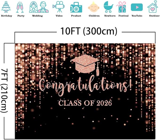 Mocsicka Class of 2026 Backdrop Rose Gold Glitter Bokeh Graduation Party Background 2026 Congrats Grad Prom Party Cake Table Decoration Photo Booth Props (10x7ft)