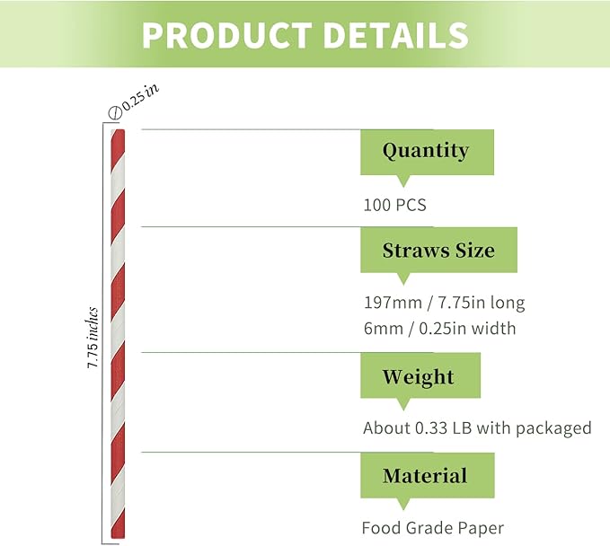Red & White Striped Paper Straws, Disposable Drinking Straws for Birthday Christmas Party Decoration, 100% Biodegradable White Red Barber Stripes Straws Bulk 100