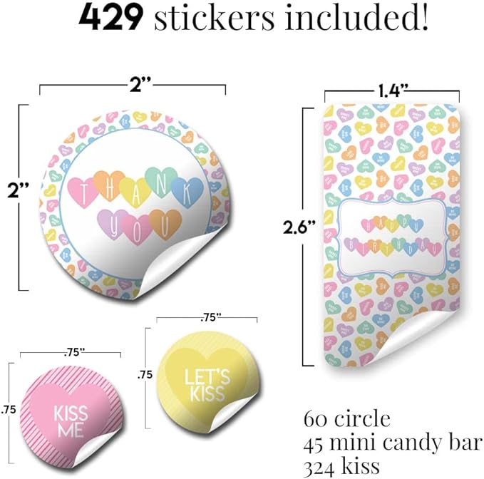Amanda Creation Valentine Pastel Candy Heart Birthday Party Sticker Bundle Kit - 429 pieces! Includes 2" Circle Stickers for Favors, Mini Candy Bar Wrappers & Round Candy Kiss Stickers