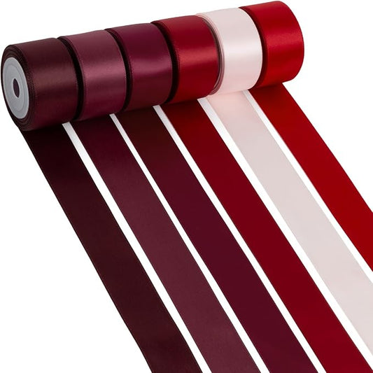 Red Satin Ribbon 1 Inch Assorted Burgundy, Dark Red, Maroon, Wine, Rose White, Double Faced Satin Ribbon for Flower Bouquet, Gift Wrapping, Wedding Invitation, Bows, Crafts, Gift Bags - 30Yards