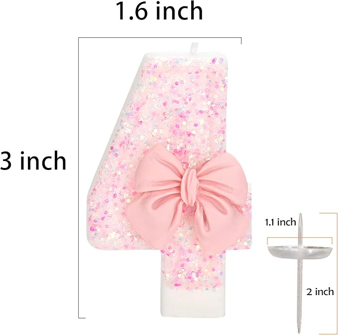 Birthday Candle for Cake, 4 Candle - Pink Glitter with Bowknot, 2.76 inch Happy Birthday Candle, Cake Topper Decoration for 4 Years Old Birthday Party (Number 4)