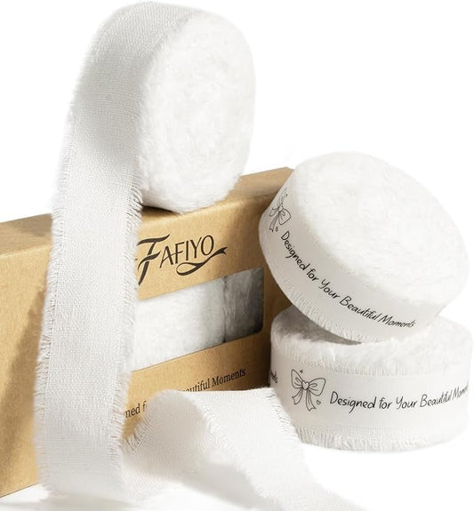 White Cotton Ribbon 5/8 Inch White 3 Rolls 21 Yards Frayed Edge Fabric Set for Wedding Invitations, Bridal Bouquet Wrap, Baby Shower, Christening & Gift Wrapping