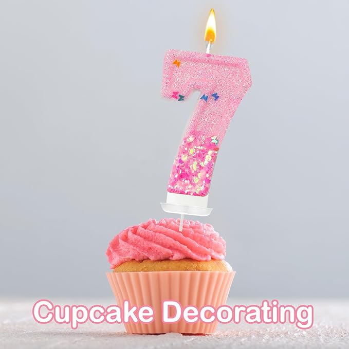 Pink Sequin Birthday Candles, Cake Number Candles, Girls 0th Birthday Decorations, Suitable for Birthday Parties, Anniversary Party Decorations(7)