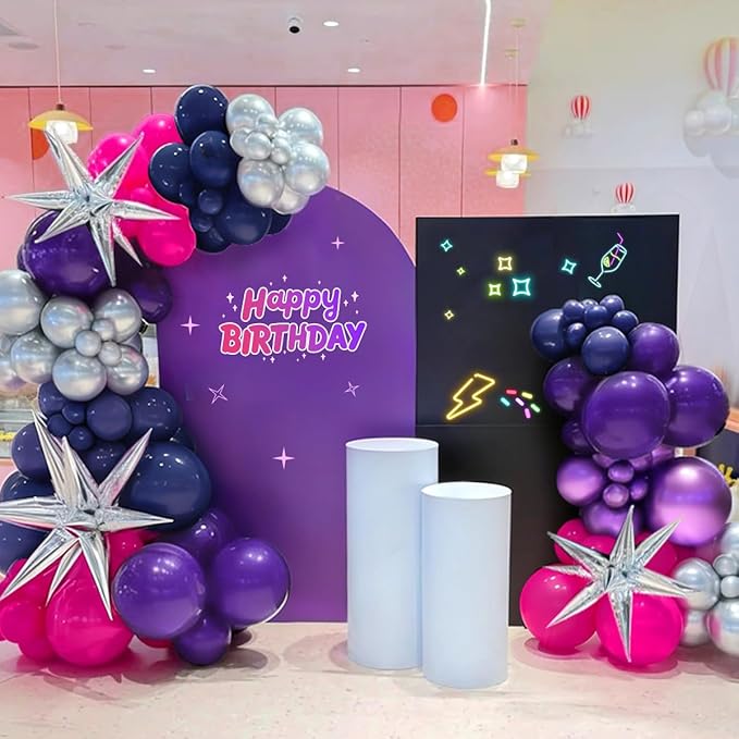 MEBAY Hot Pink Purple Dark Blue Baloon Garland Arch Kit with 4D Star Foil Balloon Silver, 155Pcs Latex Balloons Different Sizes 18 12 10 5 inch for Graduation Birthday Wedding