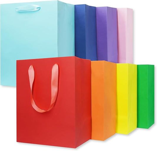 MOXARYSU 8 Pcs Medium Gift Bags With Handles: 8x5x10 Rainbow Colour Gift Bags Kraft Paper Party Favor Bags For Party,Birthday,Baby Shower（8 Colors, Without Tissues Paper）