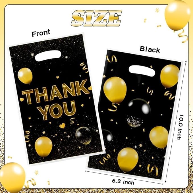 ANGOLIO Birthday Treat Party Bags - 50Pcs Black and Gold Party Favors Bags Print Easter Black Gold Balloon with Handles Plastic Gifts Bags Thank You Birthday Snack Bags Happy Party Favor Supplies