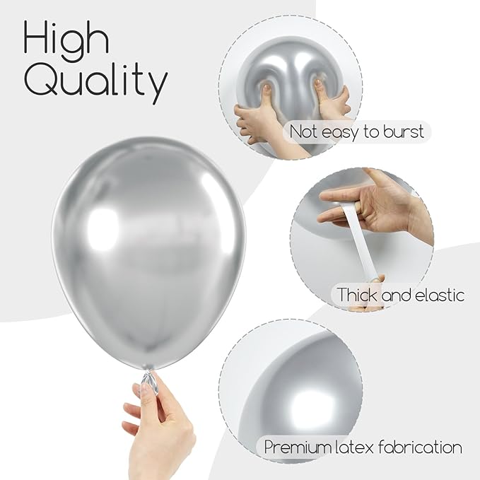 Awenztech 120pcs Metallic Silver Balloon Arch Kit, 18 12 10 5 inch Chrome Silver Latex Balloons Different Sizes Balloon Garland for Wedding Baby Shower Disco Birthday Party Decorations