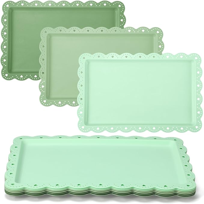 6 Pcs Green Serving Trays Plastic Platters Dessert Cupcake Holder Party Supplies 14.4 x 9.3 Inches Rectangular Cookie Snack Display Tray for Wedding Restaurant