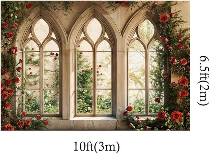 Kate 10x6.5ft Gothic Window Red Rose Backdrop Vintage Floral Castle Arched Window Photo Background for Wedding Bridal Shower Birthday Party Photoshoot Decor