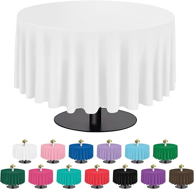 tujol White 6 Pack Plastic Table Cloth 84", Disposable Round Tablecloth Table Cover, Plastic Tablecloths for Parties