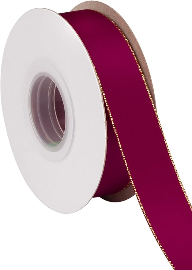 1" Double Face Satin Ribbon with Gold Edge 25 Yards (275-Wine), Perfect for Gift Wrapping, Party Decor, Wedding and Craft