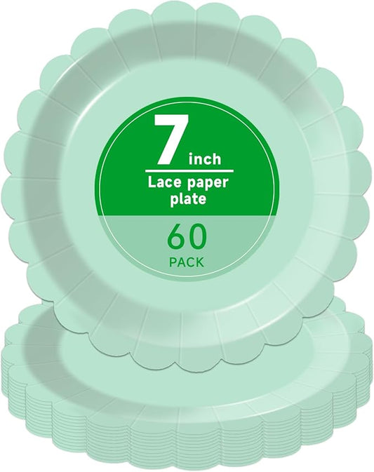Stylish Green Paper Plates 60 Count,Eco Compostable Plates,7" Small Paper Plates,Scalloped Dessert Plates Disposable Green Plates for Party Birthdays Weddings Picnics,Easter or Daily Use