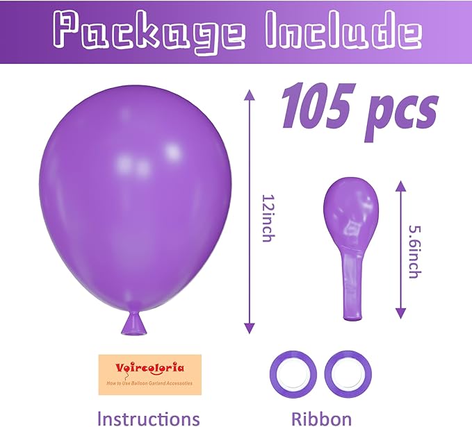 Voircoloria 105pcs Purple Balloons 12inch Party Latex Balloons for Birthday Baby Shower Halloween Wedding Valentine's Day Party Bachelorette Decorations