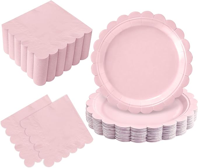 Oigco 50 Pcs Pink Plates and Napkins, Disposable Light Pink Scalloped Paper Plates & Napkins for Wedding Bridal Shower Birthday Baby Shower, Serves 25