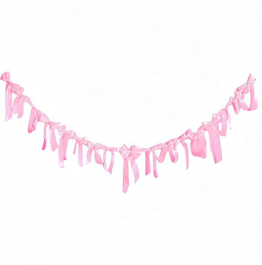 Meseey Pink Satin Bow Garland Banner, Coquette Decor for Bachelorette Party, Bridal Shower Backdrop, Wedding Engagement Birthday Party Supplies, Photo Booth Props, Pink Satin Ribbon Bow Decorationsv