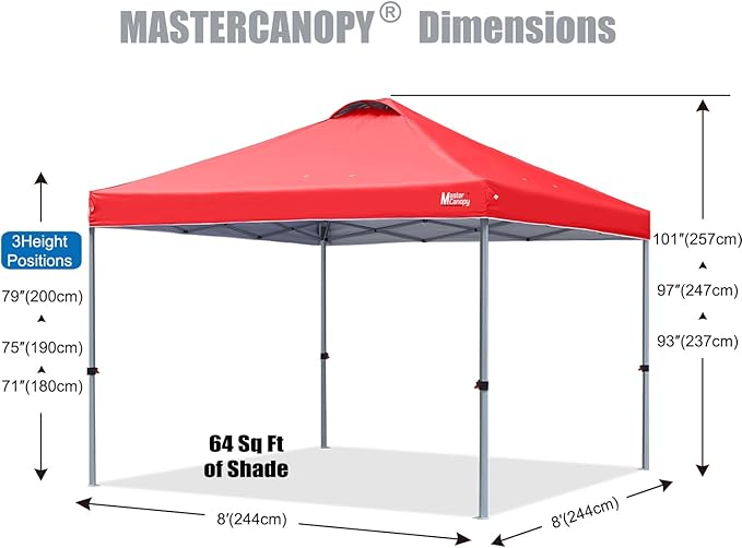 MASTERCANOPY Pop-up Canopy Tent with Roller Bag (8x8, Red)