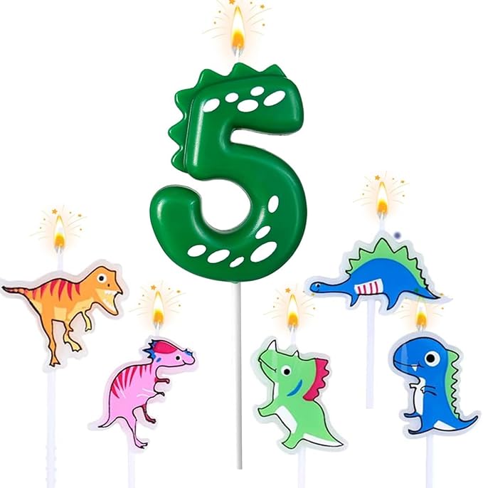 Number 5 Dinosaur Birthday Candles Set, Dino-Themed Cake Candle 5 2.75 Inch Green with 5Pcs Dinosaur Candles for Birthday Parties Celebration