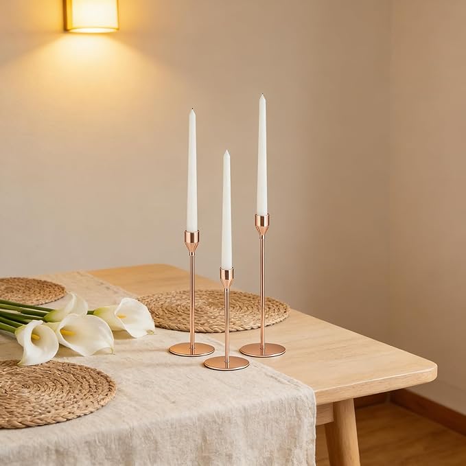 Candlestick Holders, Set of 3 Taper Pink Gold Candle Holder Decor for Date, Festival, Wedding, Party, Dinning or Anniversary, Fit 3/4" Thick Pillar Candles & Led Candles
