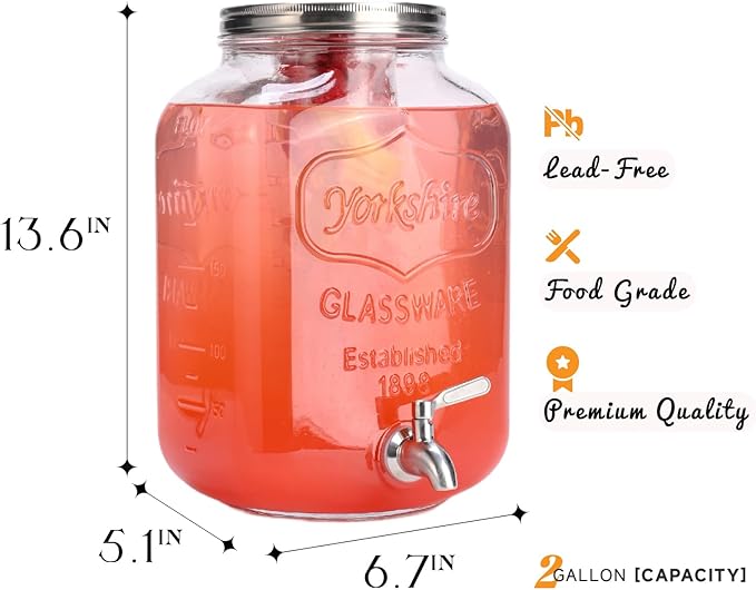 2 Gallon Glass Drink Dispenser For Parties,Beverage Dispenser,Lemonade Dispenser with 304 Stainless Steel Spigot Leakproof for Sun Tea, Picnic,Homemade Juice