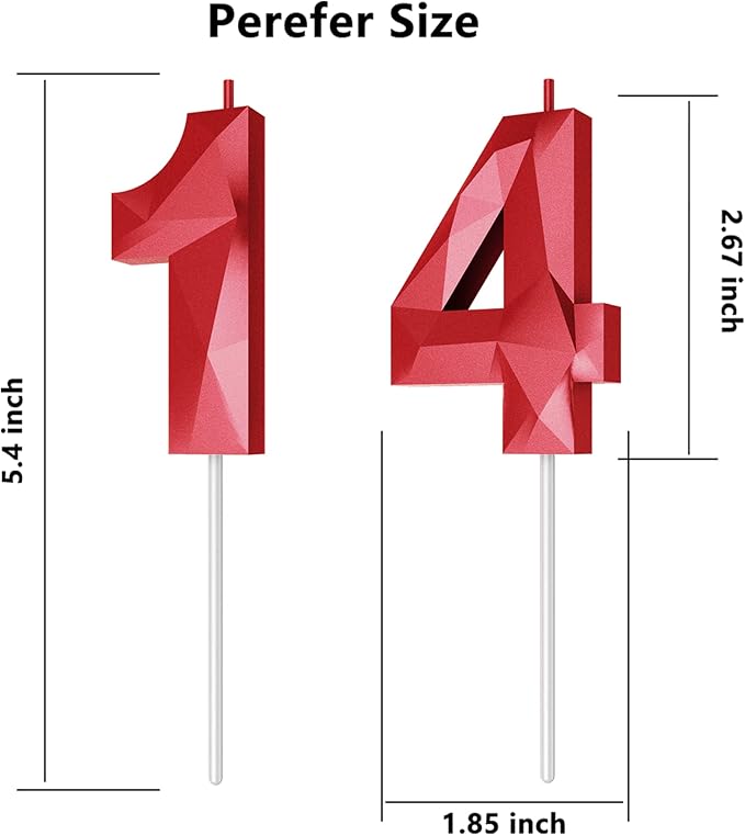 Number Birthday Candles(14 Candle Red) 3D Diamond Shape Number Happy Birthday Cake Candles for Birthday Party Wedding Decoration Reunions Theme Party