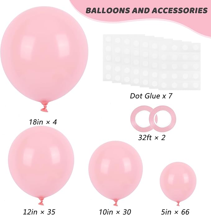 RUBFAC 135pcs Baby Pink Balloons Different Sizes 18 12 10 5 Inch for Garland Arch, Light Pastel Pink Latex Balloon for Wedding Birthday Party Baby Shower Gender Reveal Anniversary Decorations
