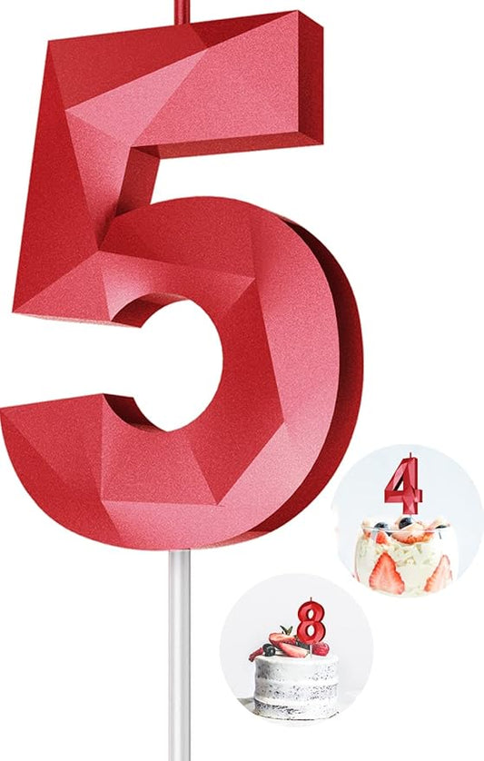 Number Birthday Candles(5 Candle Red) 3D Diamond Shape Number Happy Birthday Cake Candles for Birthday Party Wedding Decoration Reunions Theme Party