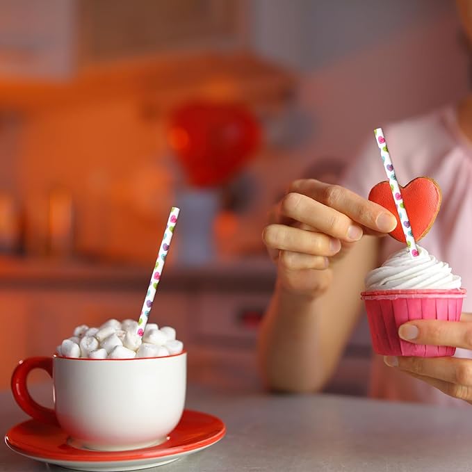 Whaline 200Pcs Valentine's Day Paper Straws Conversation Heart Disposable Drinking Straws Candy Color Heart Decorative Straws for Wedding Birthday Party Supplies