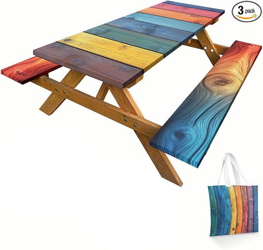 Wood Grain Picnic Table Cover with Bench Covers and Carrying Bag, Rustic Vintage Colorful Rainbow Stripes Rectangle Table Cover, Outdoor Patio Camping Essentials 6FT 4PCS, Camping Fitted Tablecloth