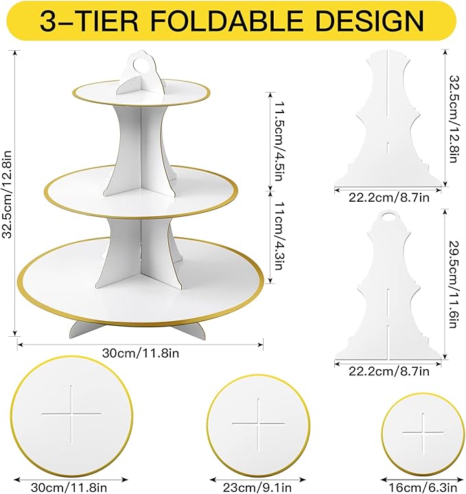 Soleebee 3-Tier Round Cupcake Stand, Cardboard Cupcake Tower, Dessert Cup Cake Stand Tower for Birthday Wedding Party Decoration, Cupcake Tier Stand 2 Set (White Gold)