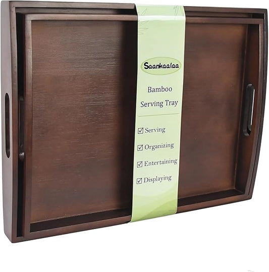 Bamboo Serving Tray with Handles, Set of 2 Large Wood ServingTrays for Food & Coffee, Elegant Wooden Tray for Breakfast in Bed, Kitchen & Party & Entertaining - Black Walnut Finish