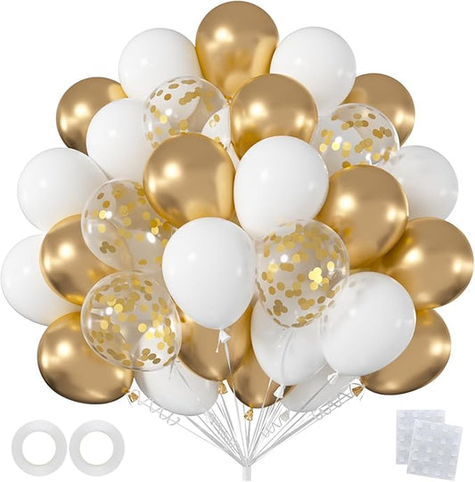 60pcs White and Gold Balloons Kit, 12 Inch Chrome Metallic Gold White Gold Confetti Latex Balloons Set for Class of 2026 Graduation, Baby Bridal Shower Wedding Birthday Party Supplies