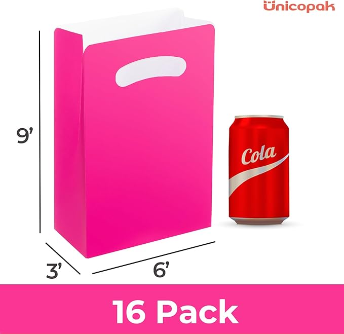 UnicoPak 16 Pack Hot Pink Goodie Bags Party Favor Bags Goody Bags for Birthday Party Candy Treat, 6x3x9 inches