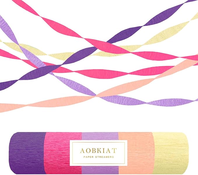 AOBKIAT Purple Pink Streamers Party Decorations,5 Rolls Colorful Crepe Paper Streamers for Birthday Baby Shower Wedding Princess Butterfly Fairy Theme Party,DIY Tassel,1.8 Inch x 82 Ft/Roll
