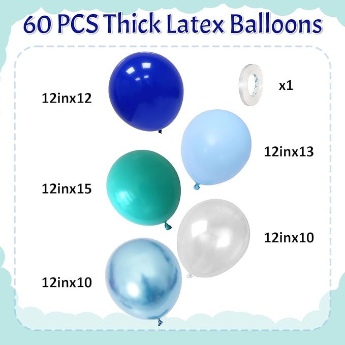 HILAVO Teal Blue Balloons 12 Inch 60pcs Ocean Turquoise Blue Party Balloons Transparent Metallic Pastel Light Blue Latex Helium Balloon for Under The Sea Birthday Baby Shower Shark Party Decorations