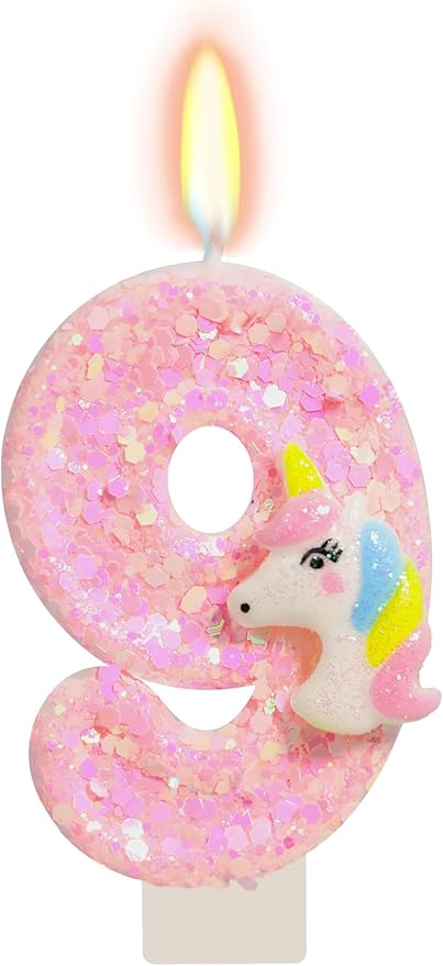 Birthday Candles - Number 9 Candle, 9th Birthday Decorations for Girl, Pink Unicorn Candles for Cake Topper, Cartoon Theme Party Supplies