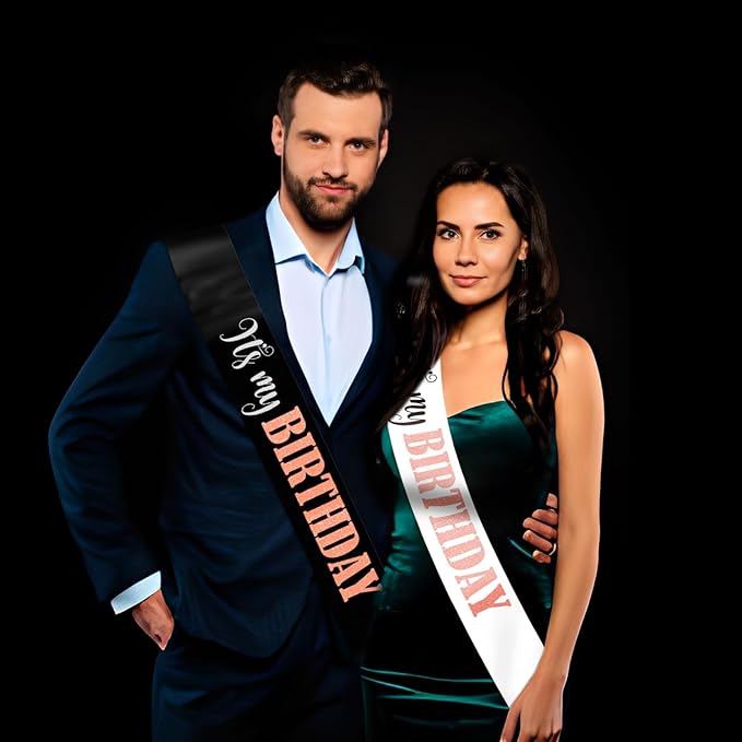 It's My Birthday Sash with Glitter Rose Gold, Black and White Birthday Sashes Decorations for Girls women and Men 16th 18th 21st 30th 40th 50th 60th or Any Birthday Party Supplies Gifts