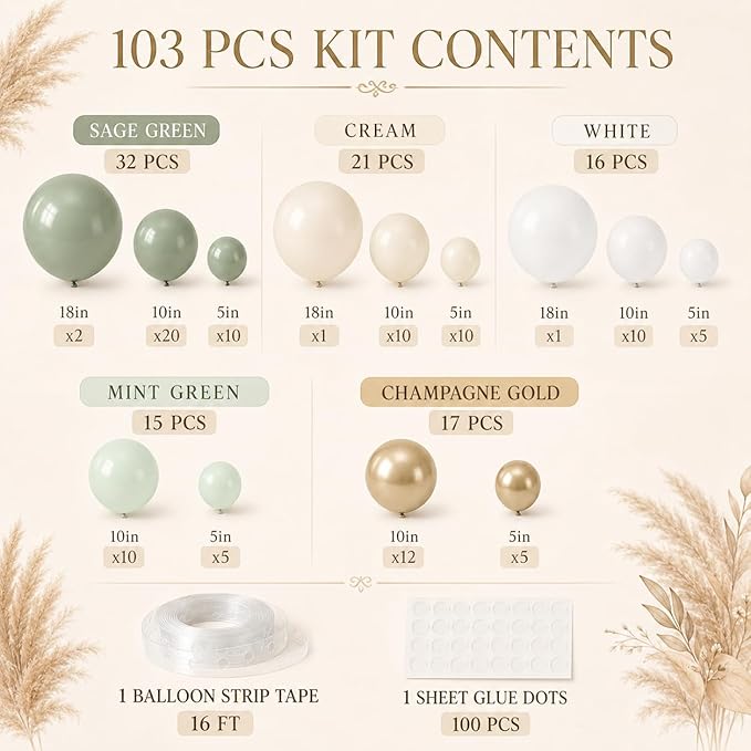 Sage Green Balloon Garland Kit, Green and White Balloon Arch Kit Olive Green White Gold Champagne Party Balloons Lime Green Beige Latex Balloons for Baby Shower Birthday Jungle Safari Party Decoration