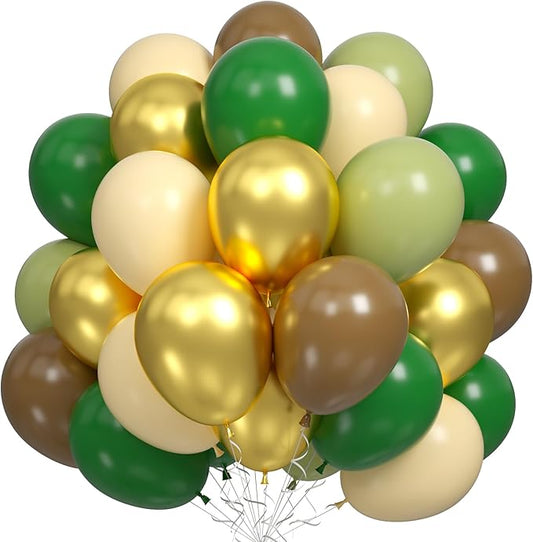 Sage Green Brown Balloons, 60PCS Green Brown Beige Jungle Safari Wild Woodland Balloon, Retro Green Metallic Gold Coffee Apricot Balloons for Boy First Birthday Baby Shower Wedding Party Decorations