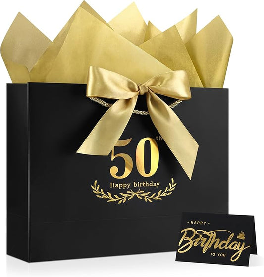 JMANNI Black Gold 50th Birthday Gift Bag with Card and Tissue Paper, 12.6"×9.84"×3.9" Elegant Present Bag for Men Women, 50 Year Old Birthday Keepsake Party Supplies