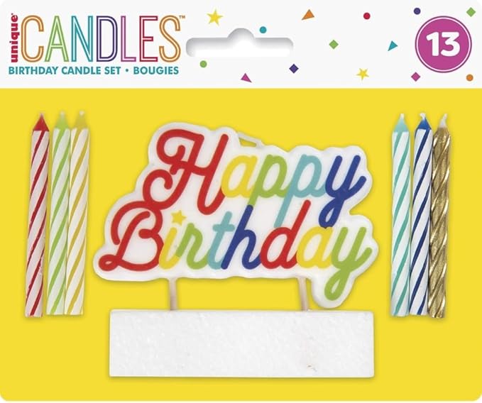 Vibrant Multi-Colored Birthday Candle Set with Large "Happy Birthday" Pick - (Pack of 13) - Premium Quality & Eye-Catching Design - Great for All Ages & Celebrations