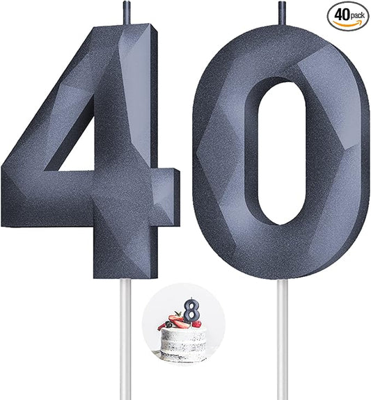 Number Birthday Candles(40 Candle Black) 3D Diamond Shape 40th Happy Birthday Cake Topper Decorations for Women Men Birthday Wedding Anniversary Celebration Theme Party Supplies